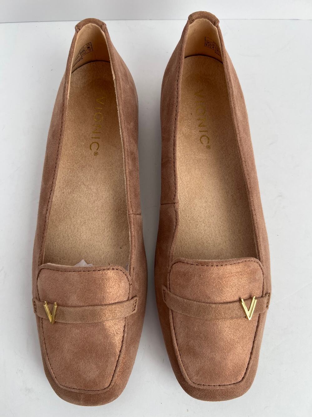 Vionic Hayes Tan Shimmer Suede Square Toe Orthotic Loafer Flats Size 6.5